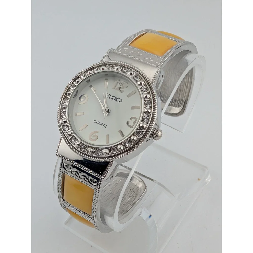 Studio Time Watch Women 33mm Silver Tone Yellow MOP Inlay Cuff Bling New Battery